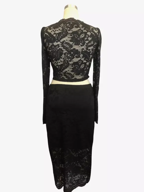 Ensemble deux pièces pour femme : crop top à manches longues en dentelle florale et jupe midi (collection 2026)