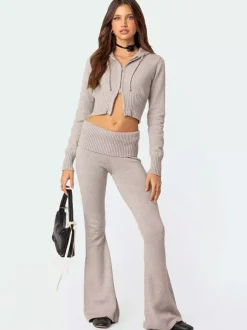 Ensemble deux pièces pour femme 2026 : sweat à capuche court zippé en maille et pantalon évasé