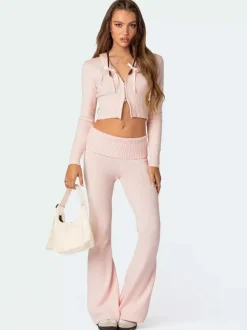 Ensemble deux pièces pour femme 2026 : sweat à capuche court zippé en maille et pantalon évasé