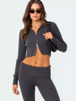 Ensemble deux pièces pour femme 2026 : sweat à capuche court zippé en maille et pantalon évasé