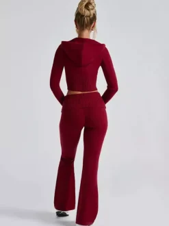 Ensemble deux pièces pour femme 2026 : sweat à capuche court zippé en maille et pantalon évasé