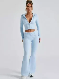 Ensemble deux pièces pour femme 2026 : sweat à capuche court zippé en maille et pantalon évasé