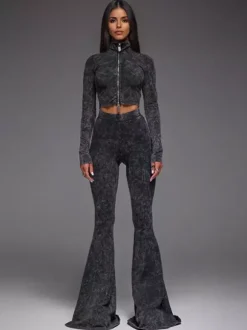 Ensemble deux pièces pour filles sexy haut court zippé à col montant et pantalon évasé tenue printemps 2026