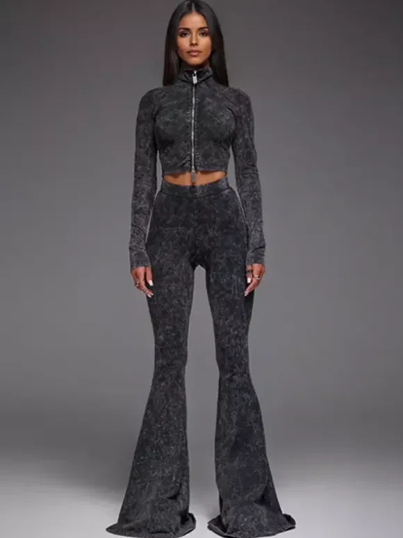 Ensemble deux pièces pour filles sexy haut court zippé à col montant et pantalon évasé tenue printemps 2026