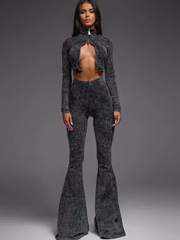 Ensemble deux pièces pour filles sexy haut court zippé à col montant et pantalon évasé tenue printemps 2026