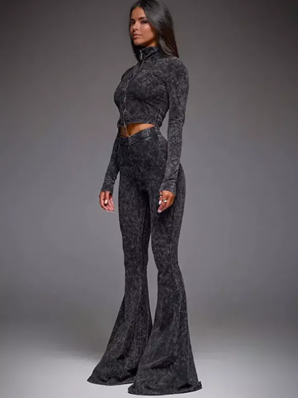 Ensemble deux pièces pour filles sexy haut court zippé à col montant et pantalon évasé tenue printemps 2026