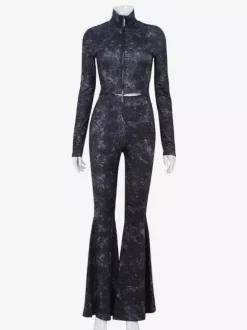 Ensemble deux pièces pour filles sexy haut court zippé à col montant et pantalon évasé tenue printemps 2026