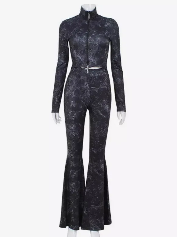 Ensemble deux pièces pour filles sexy haut court zippé à col montant et pantalon évasé tenue printemps 2026