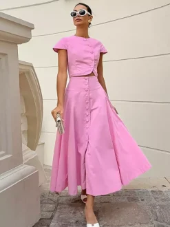 Ensemble deux pièces rose décontracté à boutons style streetwear col rond manches courtes jupe