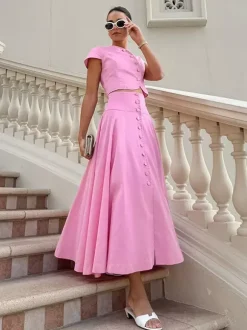 Ensemble deux pièces rose décontracté à boutons style streetwear col rond manches courtes jupe