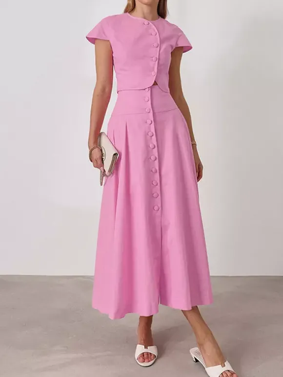 Ensemble deux pièces rose décontracté à boutons style streetwear col rond manches courtes jupe