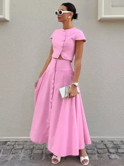 Ensemble deux pièces rose décontracté à boutons style streetwear col rond manches courtes jupe