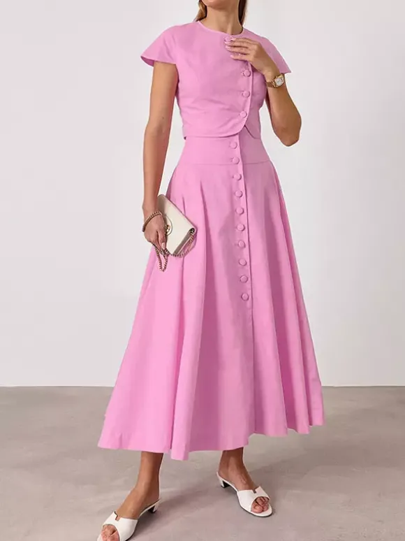 Ensemble deux pièces rose décontracté à boutons style streetwear col rond manches courtes jupe