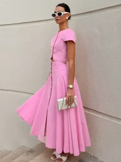 Ensemble deux pièces rose décontracté à boutons style streetwear col rond manches courtes jupe