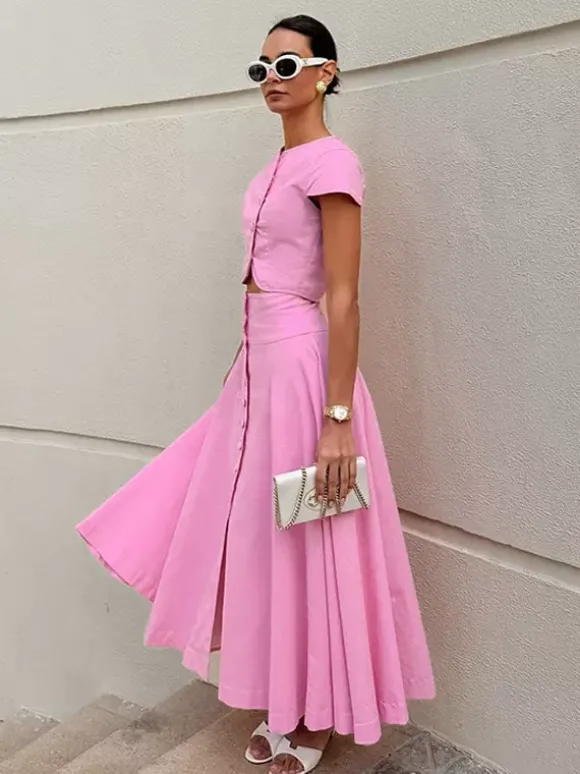 Ensemble deux pièces rose décontracté à boutons style streetwear col rond manches courtes jupe