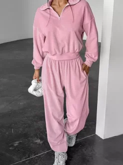 Ensemble deux pièces rose décontracté style streetwear col rabattu manches longues et pantalon