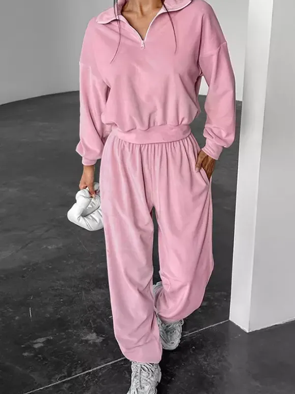Ensemble deux pièces rose décontracté style streetwear col rabattu manches longues et pantalon