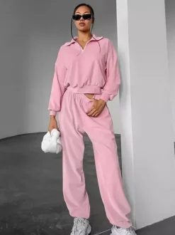 Ensemble deux pièces rose décontracté style streetwear col rabattu manches longues et pantalon