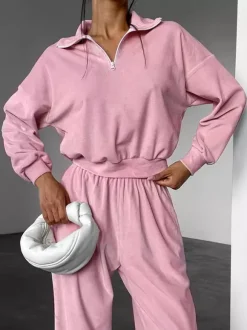 Ensemble deux pièces rose décontracté style streetwear col rabattu manches longues et pantalon