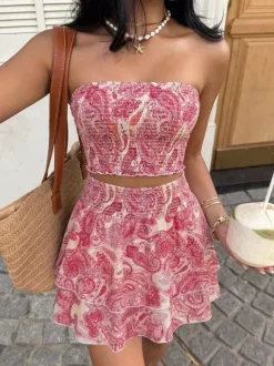 Ensemble deux pièces rose imprimé floral décontracté pour les vacances jupe sans manches