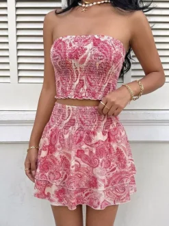 Ensemble deux pièces rose imprimé floral décontracté pour les vacances jupe sans manches
