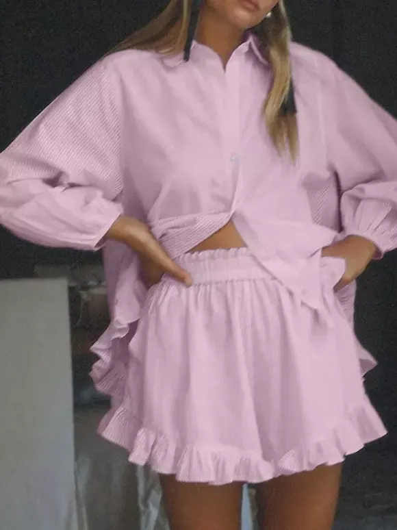 Ensemble deux pièces rose à rayures chics pour tous les jours col rabattu manches lanternes et pantalon