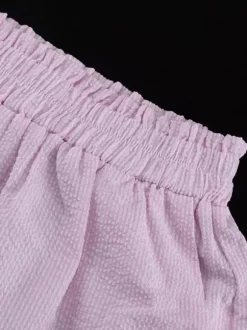 Ensemble deux pièces rose à rayures chics pour tous les jours col rabattu manches lanternes et pantalon