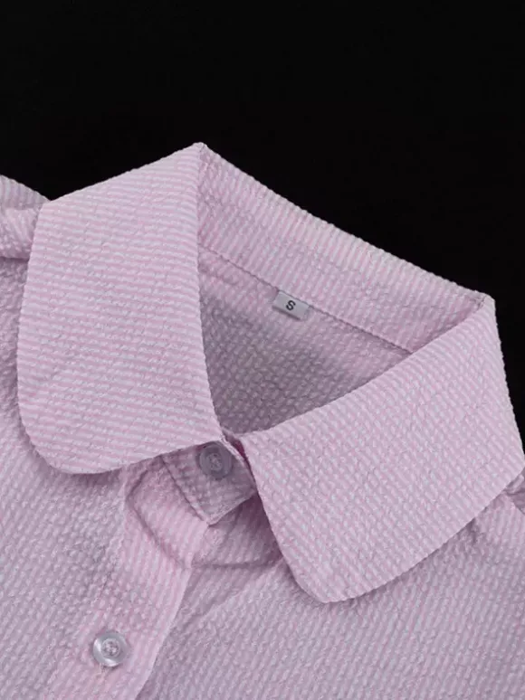 Ensemble deux pièces rose à rayures chics pour tous les jours col rabattu manches lanternes et pantalon
