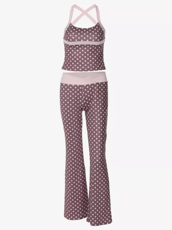 Ensemble deux pièces rouge à pois décontracté au quotidien bretelles col sans manches pantalon chic