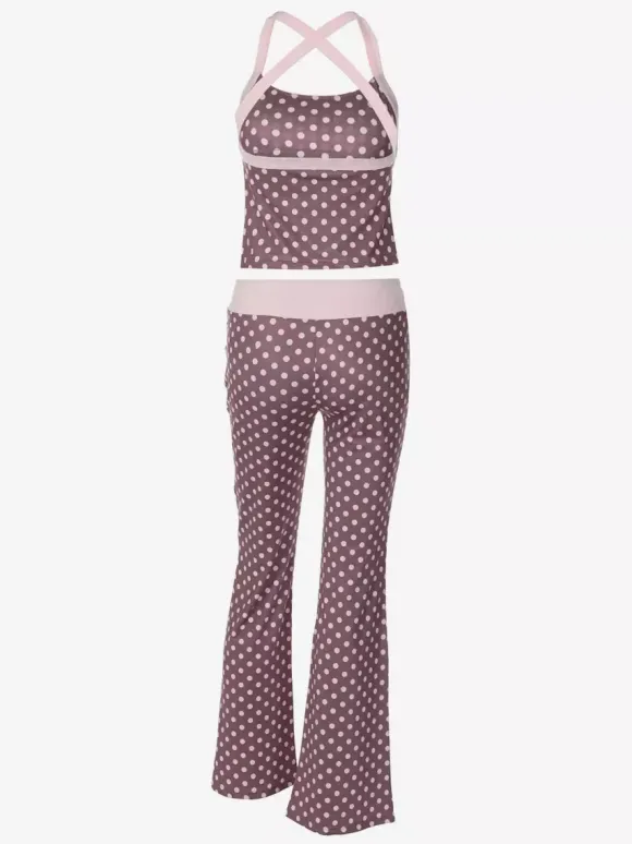 Ensemble deux pièces rouge à pois décontracté au quotidien bretelles col sans manches pantalon chic