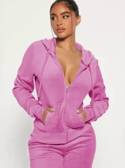 Ensemble jogging à capuche zippé en velours coupe ajustée pour femme 2026