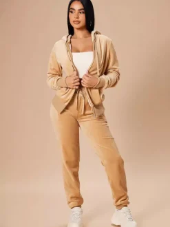 Ensemble jogging à capuche zippé en velours coupe ajustée pour femme 2026