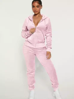 Ensemble jogging à capuche zippé en velours coupe ajustée pour femme 2026