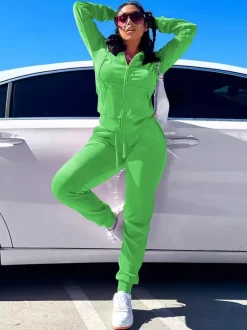 Ensemble jogging à capuche zippé en velours coupe ajustée pour femme 2026