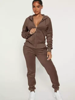 Ensemble jogging à capuche zippé en velours coupe ajustée pour femme 2026