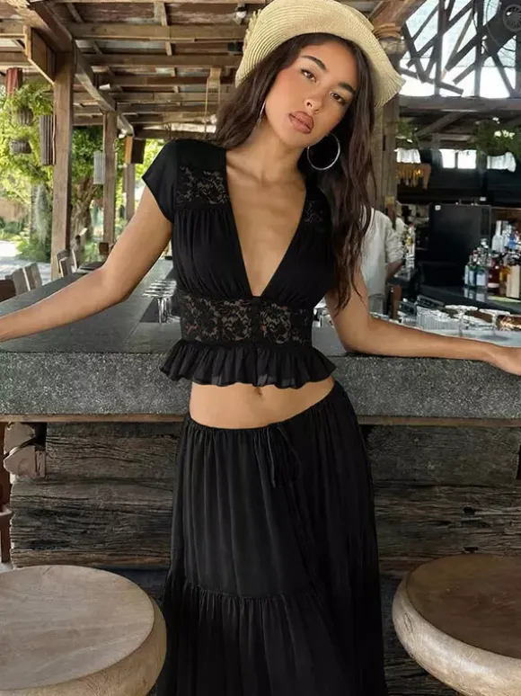 Ensemble jupe de vacances maxi en dentelle manches courtes col en V vert avocat chic