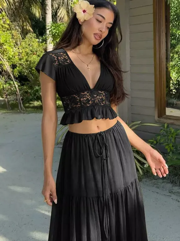 Ensemble jupe de vacances maxi en dentelle manches courtes col en V vert avocat chic