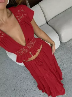 Ensemble jupe de vacances maxi en dentelle manches courtes col en V vert avocat chic