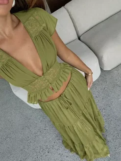 Ensemble jupe de vacances maxi en dentelle manches courtes col en V vert avocat chic