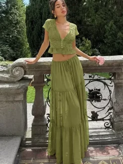 Ensemble jupe de vacances maxi en dentelle manches courtes col en V vert avocat chic