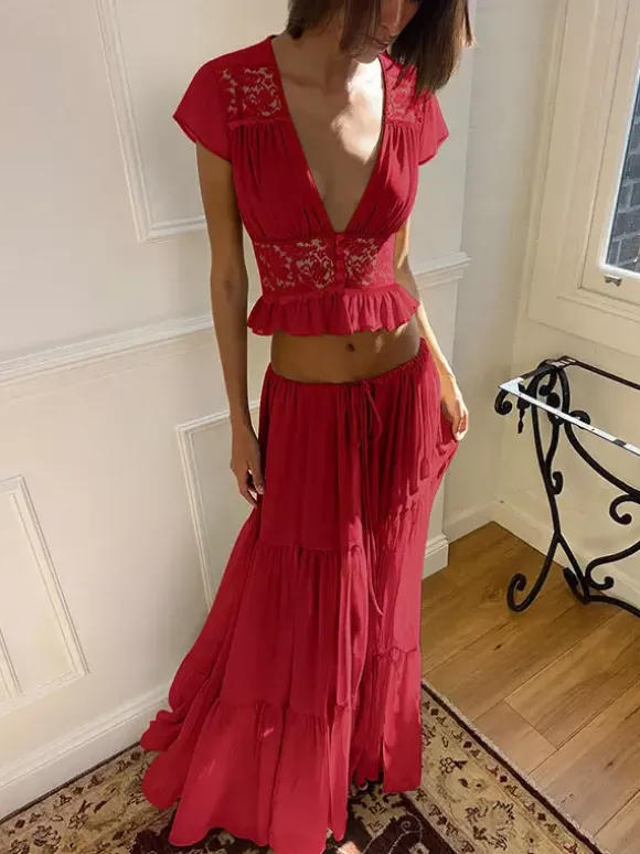 Ensemble jupe de vacances maxi en dentelle manches courtes col en V vert avocat chic
