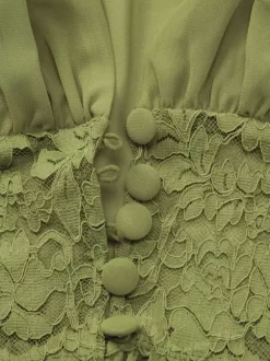 Ensemble jupe de vacances maxi en dentelle manches courtes col en V vert avocat chic