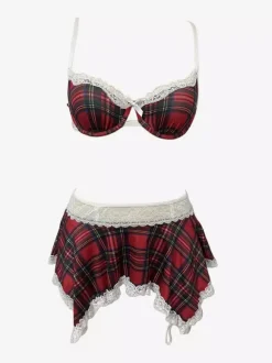 Ensemble jupe et soutien-gorge à carreaux sexy pour écolière