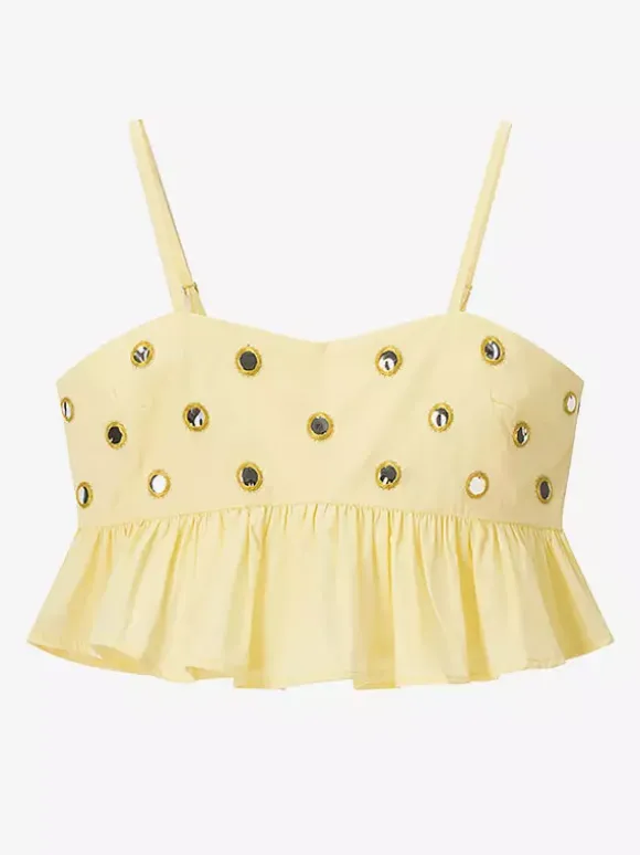 Ensemble jupe 2 pièces jaune élégante à bretelles et col plissé sans manches