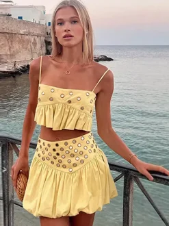 Ensemble jupe 2 pièces jaune élégante à bretelles et col plissé sans manches
