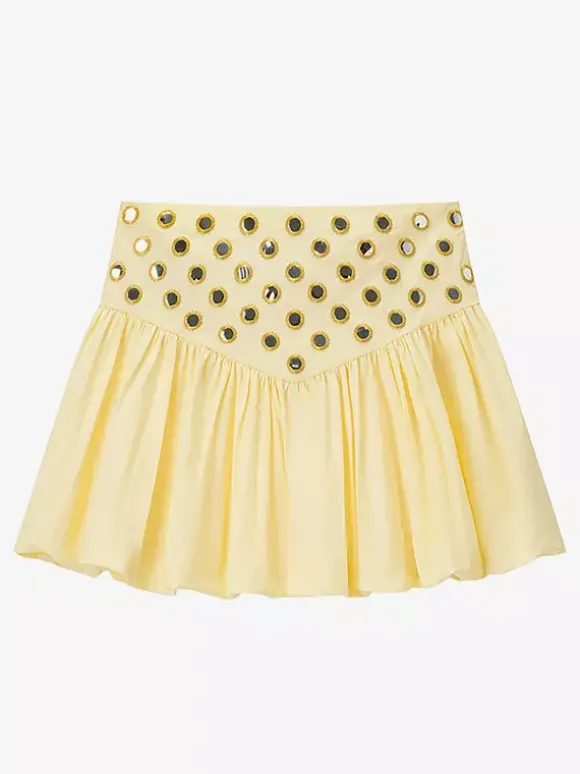 Ensemble jupe 2 pièces jaune élégante à bretelles et col plissé sans manches