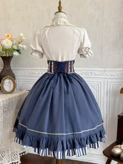 Ensemble Lolita classique chemisier blanc jupe bleue et corset trois pièces style steampunk