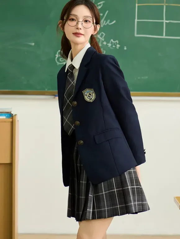 Ensemble Lolita d'uniforme scolaire japonais manteau chemise et jupe à carreaux gris à manches longues
