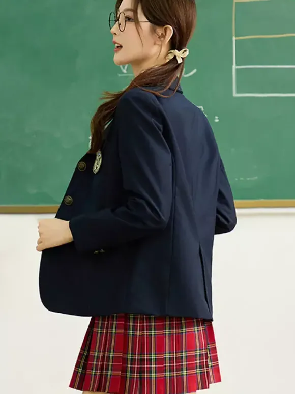 Ensemble Lolita d'uniforme scolaire japonais manteau chemise et jupe à carreaux gris à manches longues