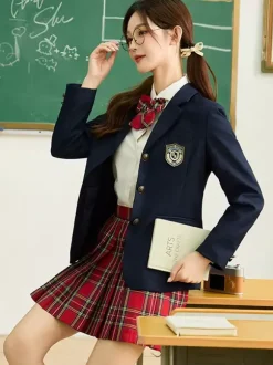 Ensemble Lolita d'uniforme scolaire japonais manteau chemise et jupe à carreaux gris à manches longues